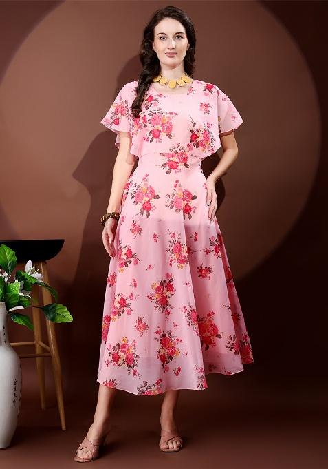 Pink Floral Print Georgette Gown