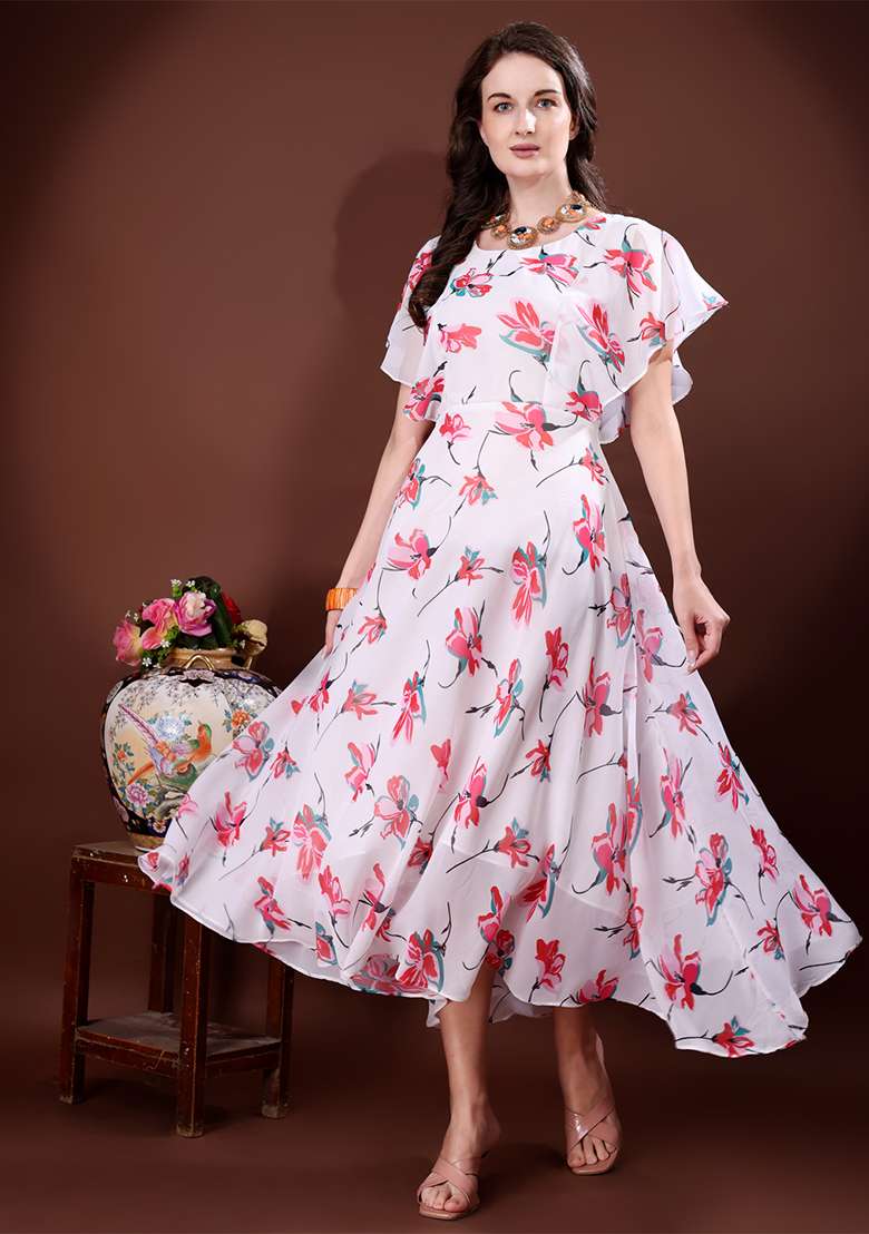 White Floral Print Georgette Gown - Indya