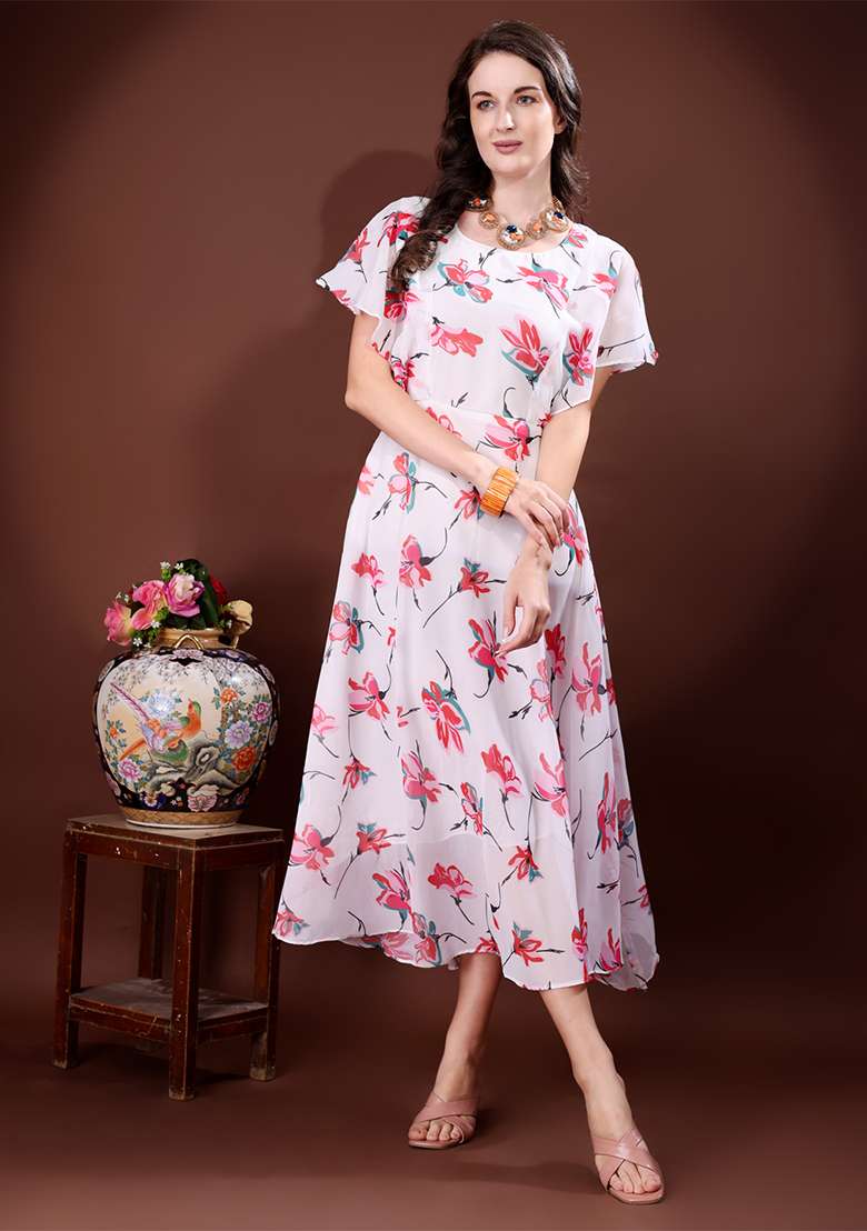 White Floral Print Georgette Gown - Indya