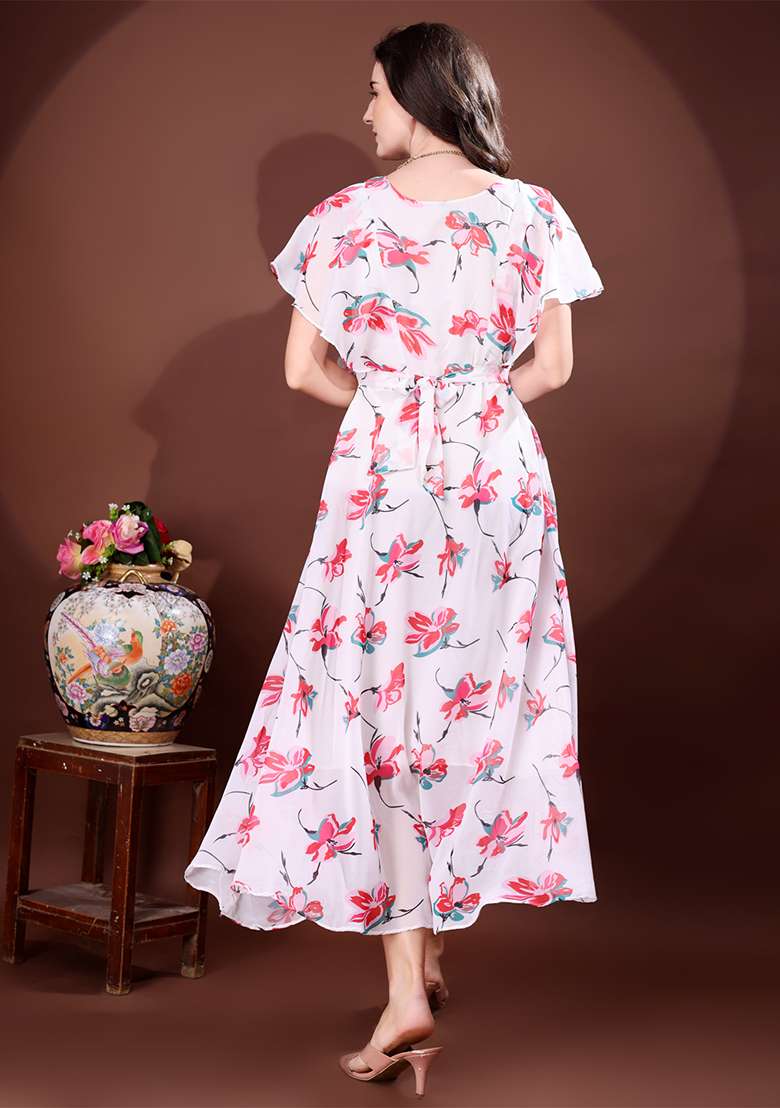 White Floral Print Georgette Gown - Indya