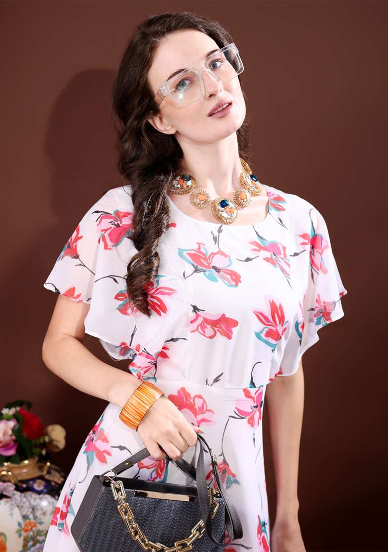 White Floral Print Georgette Gown - Indya