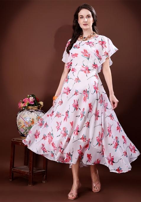 White Floral Print Georgette Gown