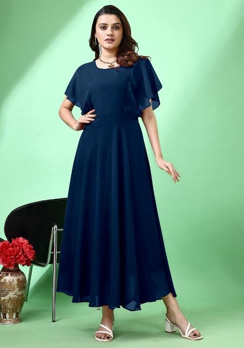 Blue Solid Georgette Gown