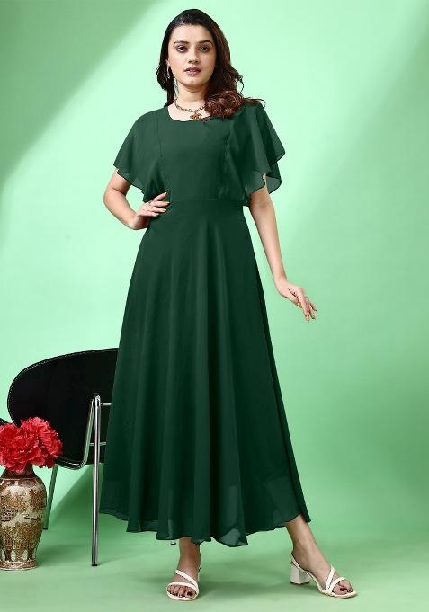 Green Solid Georgette Gown
