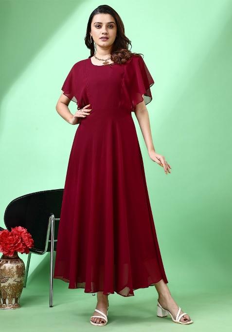 Maroon Solid Georgette Gown