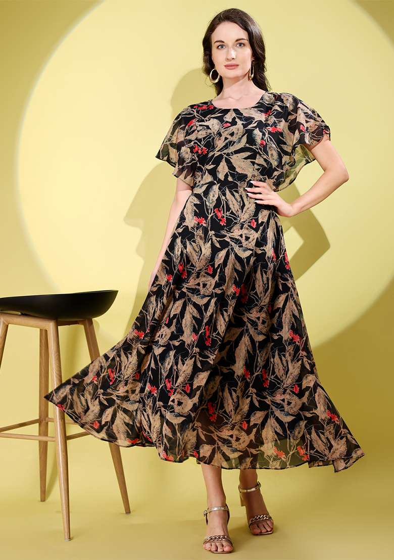 Black Floral Print Georgette Gown - Indya