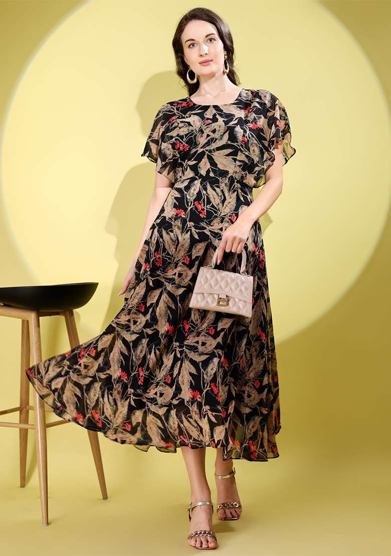 Black Floral Print Georgette Gown - Indya