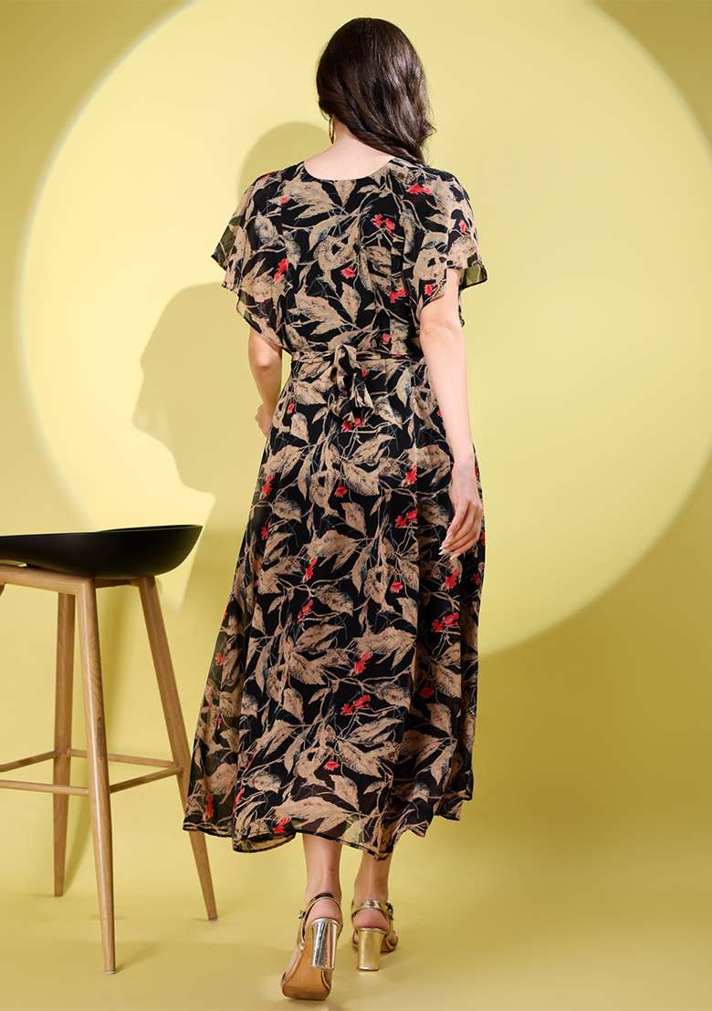 Black Floral Print Georgette Gown - Indya