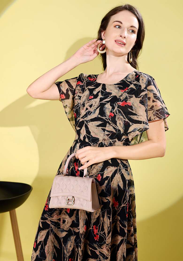 Black Floral Print Georgette Gown - Indya