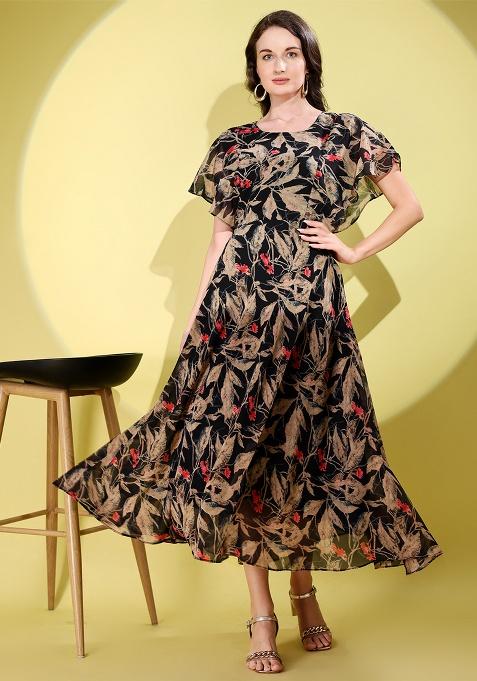 Black Floral Print Georgette Gown