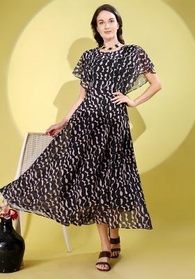 Black Abstract Print Georgette Gown