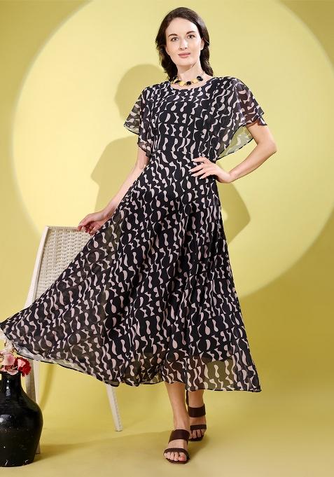 Black Abstract Print Georgette Gown