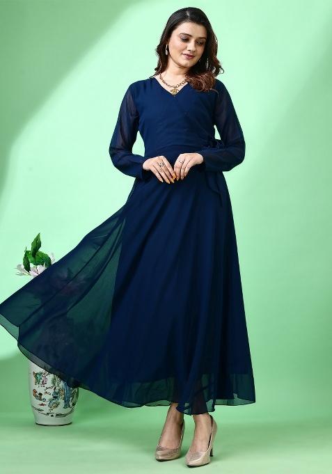 Blue Solid Georgette Gown