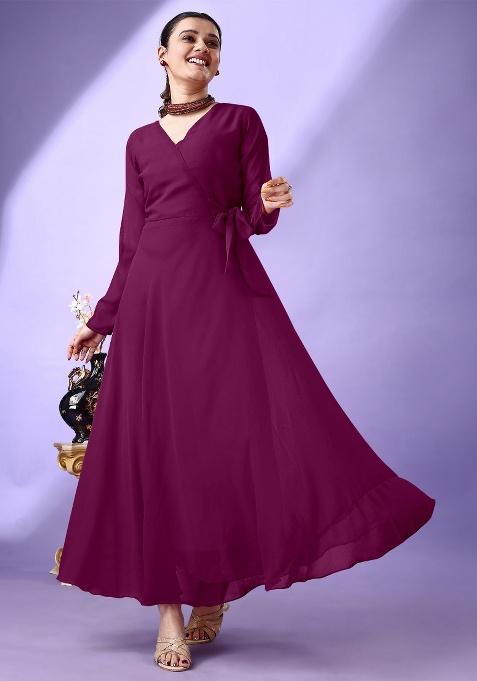 Wine Solid Georgette Gown