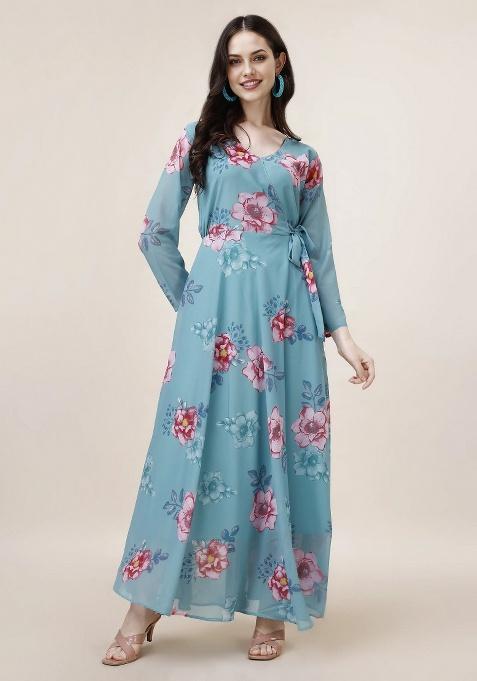 Blue Floral Print Georgette Gown