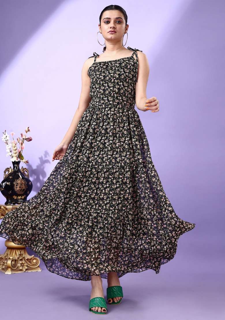 Black Floral Print Georgette Gown - Indya