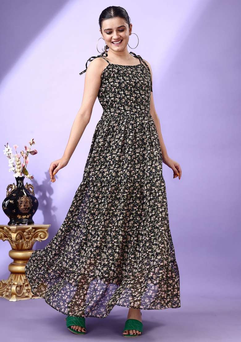 Black Floral Print Georgette Gown - Indya