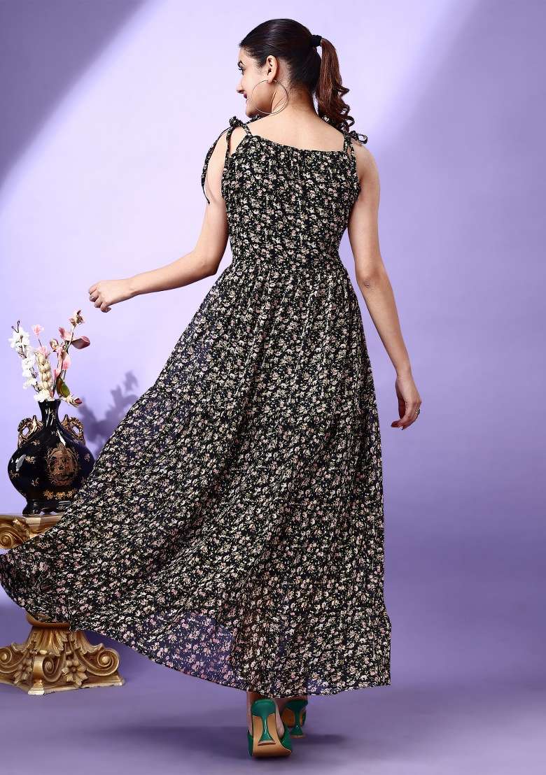 Black Floral Print Georgette Gown - Indya