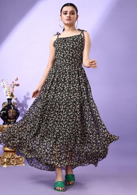 Black Floral Print Georgette Gown