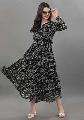 Black Abstract Print Georgette Gown