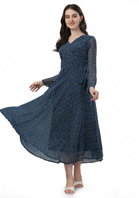 Blue Floral Print Georgette Gown