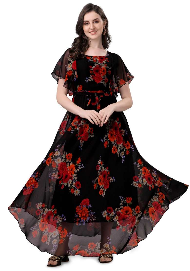 Black Floral Print Georgette Gown - Indya