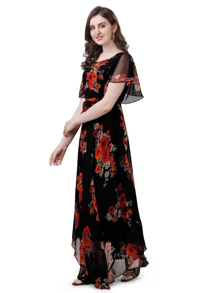 Black Floral Print Georgette Gown - Indya