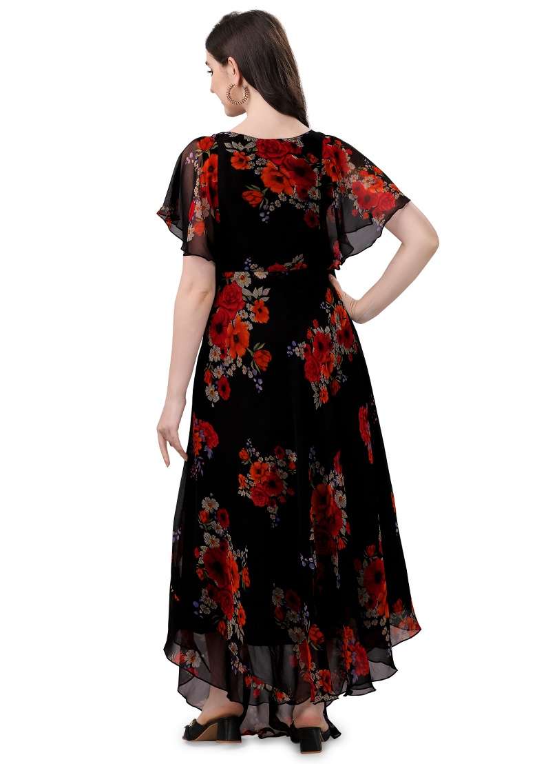 Black Floral Print Georgette Gown - Indya