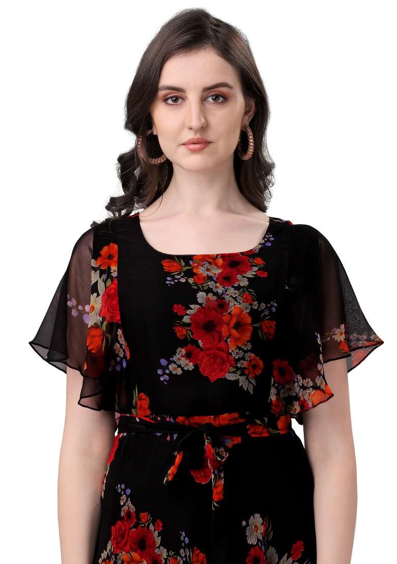 Black Floral Print Georgette Gown - Indya