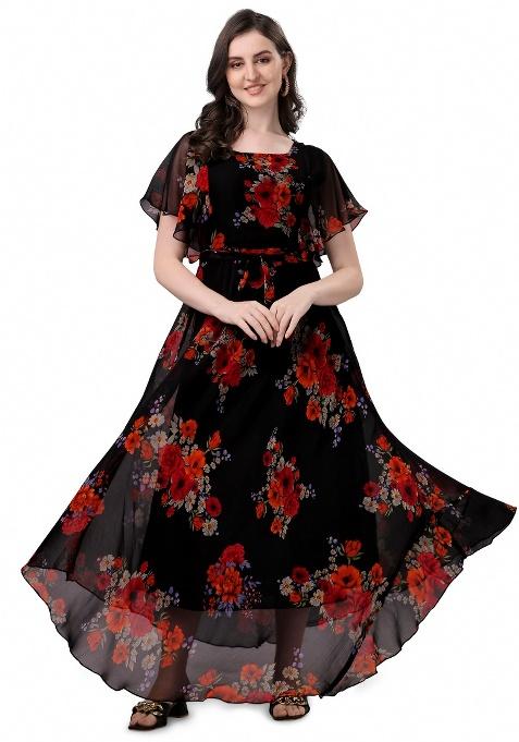 Black Floral Print Georgette Gown