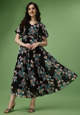 Black Floral Print Georgette Gown
