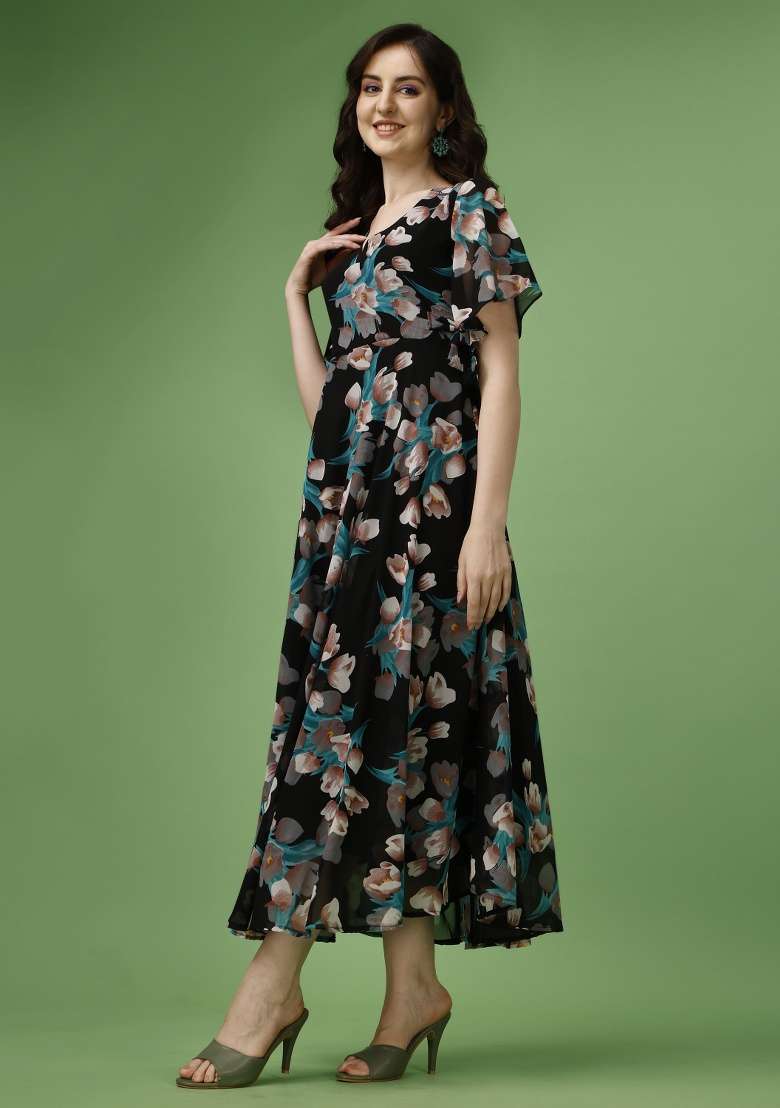 Black Floral Print Georgette Gown - Indya