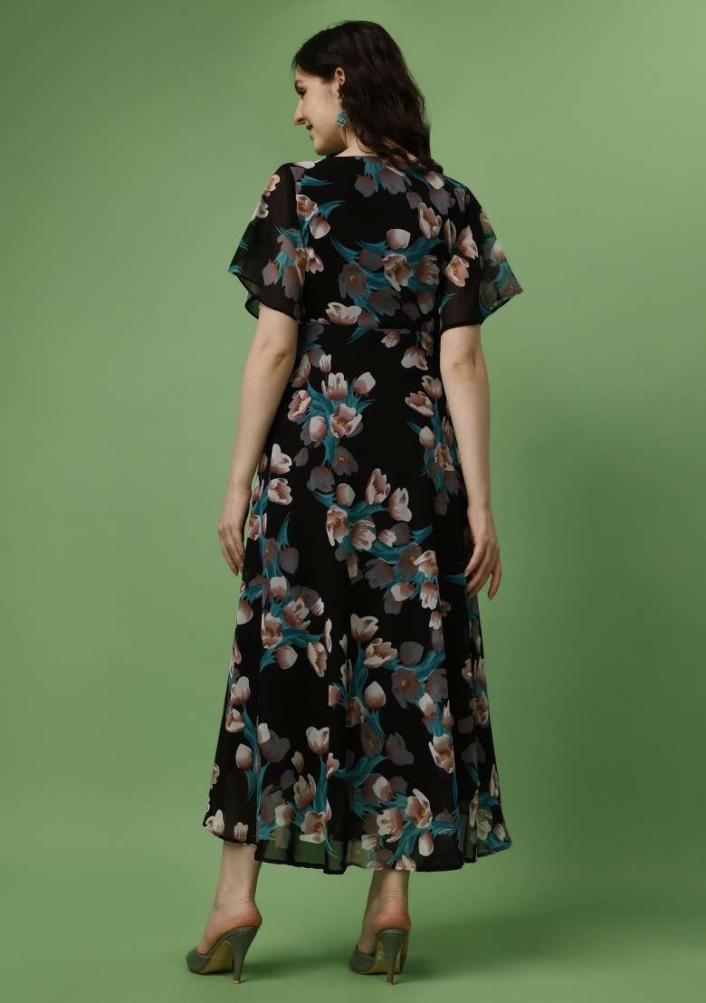 Black Floral Print Georgette Gown - Indya