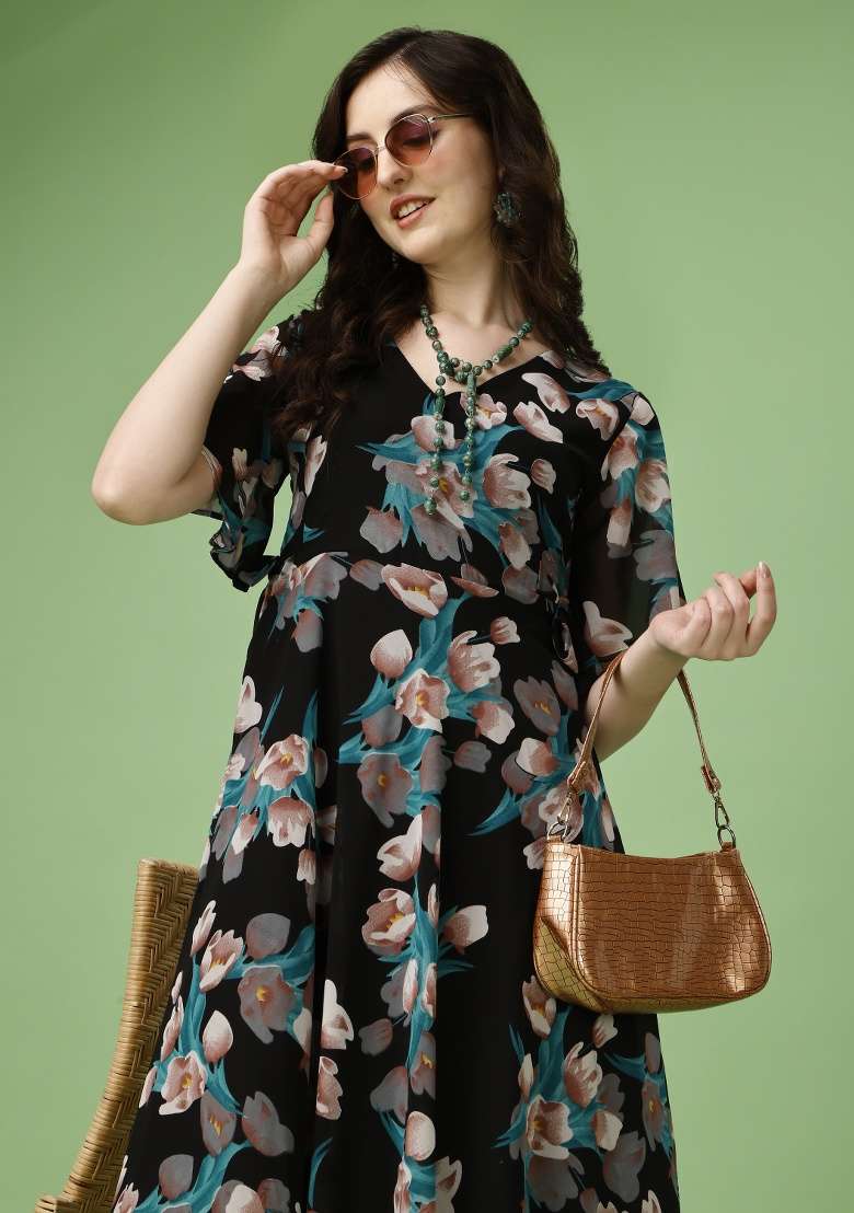 Black Floral Print Georgette Gown - Indya