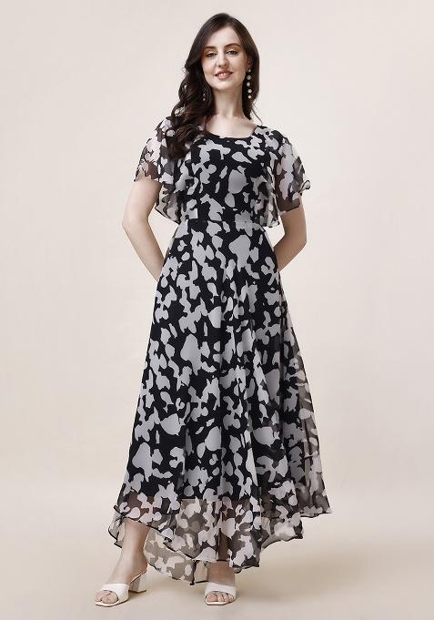 Black Abstract Print Georgette Gown