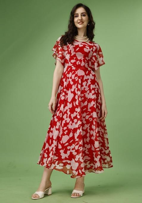 Red Abstract Print Georgette Gown