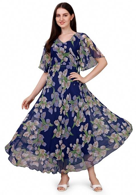 Blue Floral Print Georgette Gown