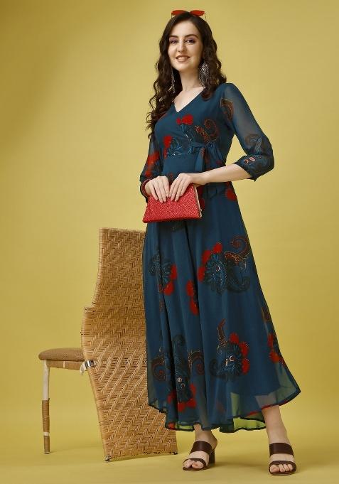 Blue Printed Georgette Gown