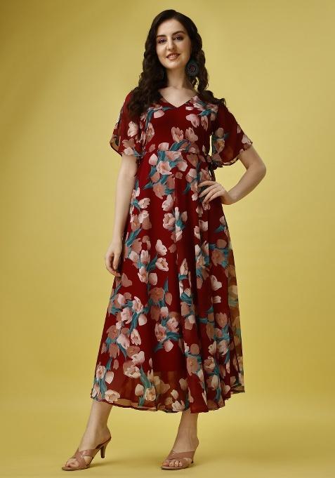 Maroon Floral Print Georgette Gown