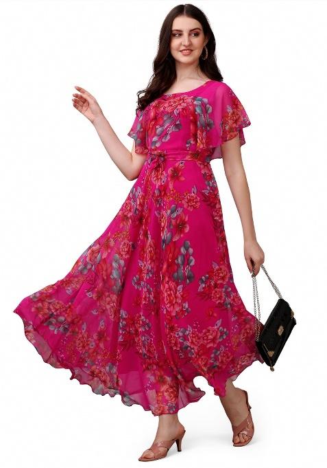 Pink Floral Print Georgette Gown