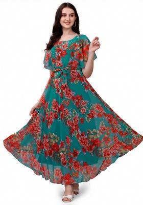 Blue Floral Print Georgette Gown