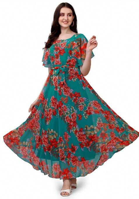 Blue Floral Print Georgette Gown