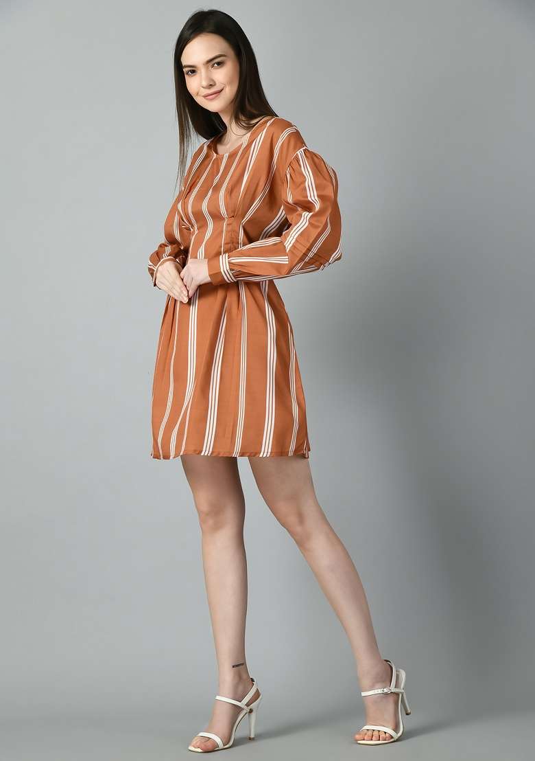 Brown Printed Rayon Dress - Indya