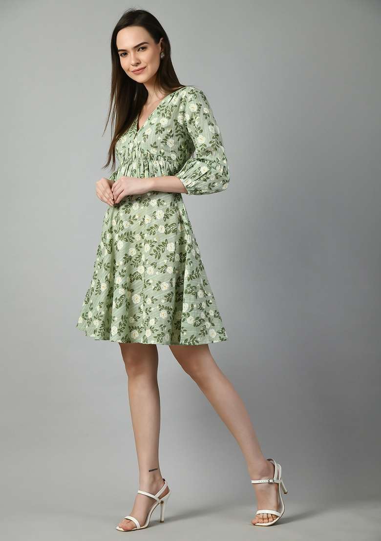 Green Printed Cotton Dress - Indya