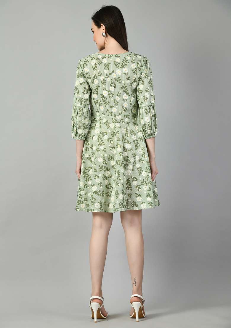 Green Printed Cotton Dress - Indya