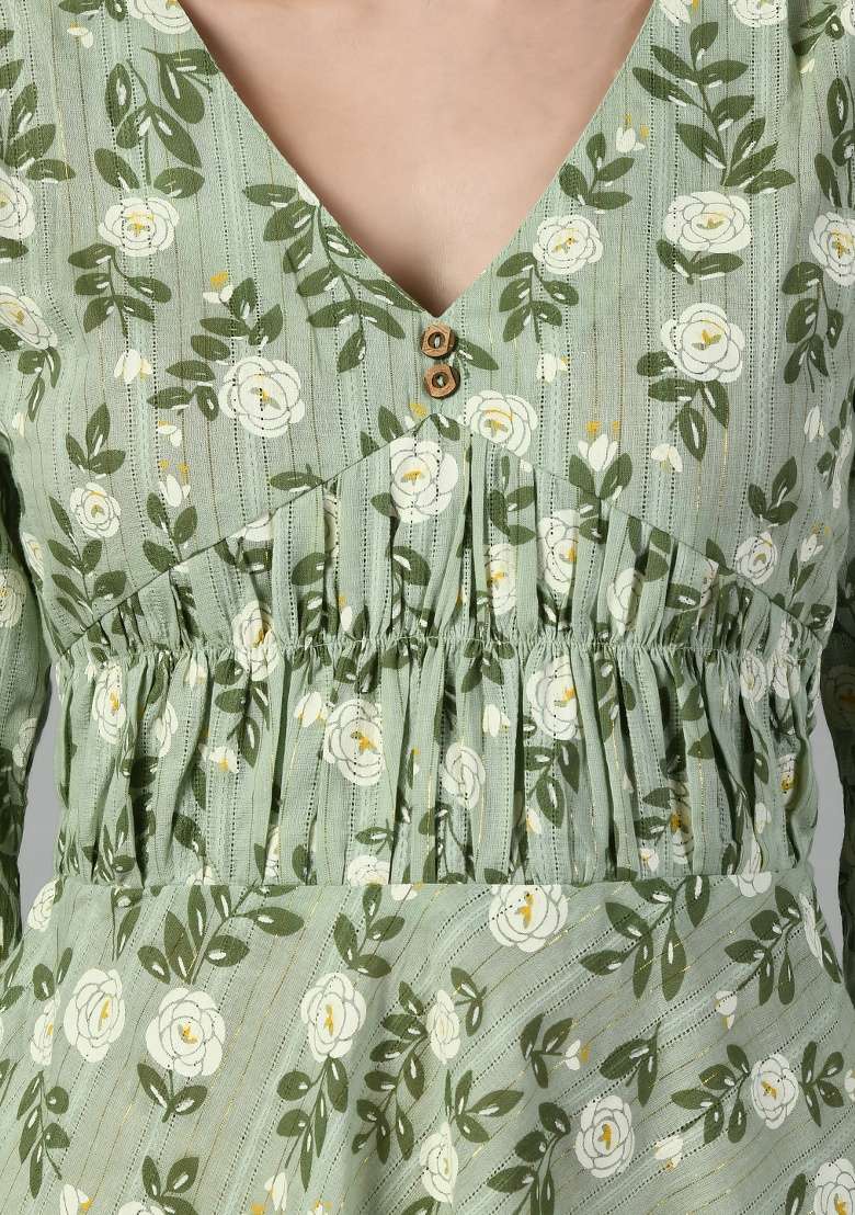 Green Printed Cotton Dress - Indya