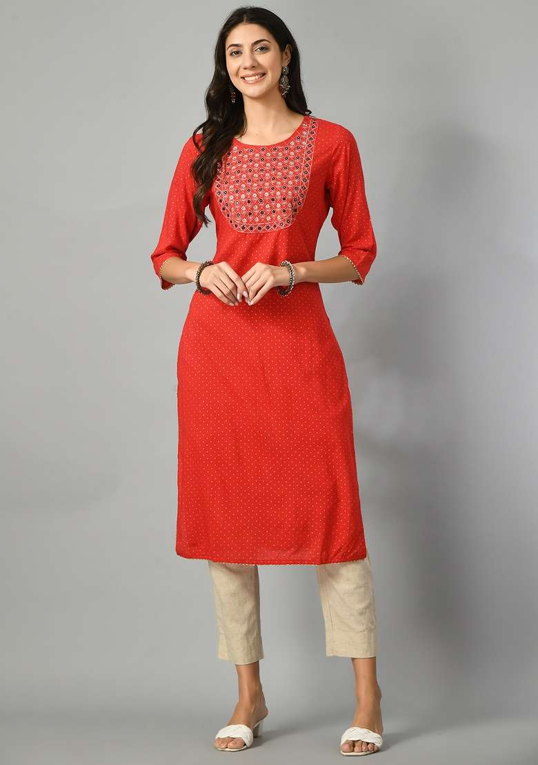 Red Polka Dots Rayon Dress for Diwali | Wedding & Festive Wear - Indya