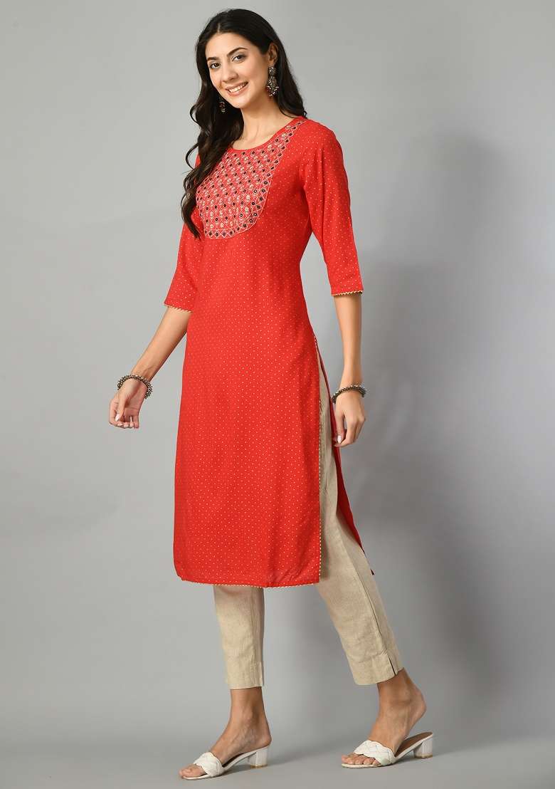 Red Polka Dots Rayon Dress for Diwali | Wedding & Festive Wear - Indya