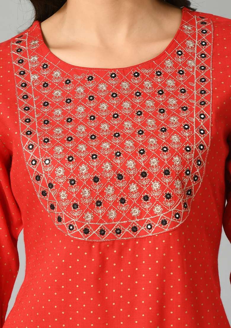 Red Polka Dots Rayon Dress for Diwali | Wedding & Festive Wear - Indya