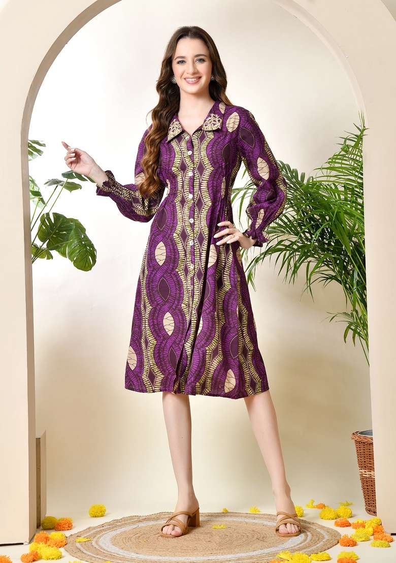 Purple Cotton Dress with Printed for Diwali | Wedding & Festive Wear - Indya